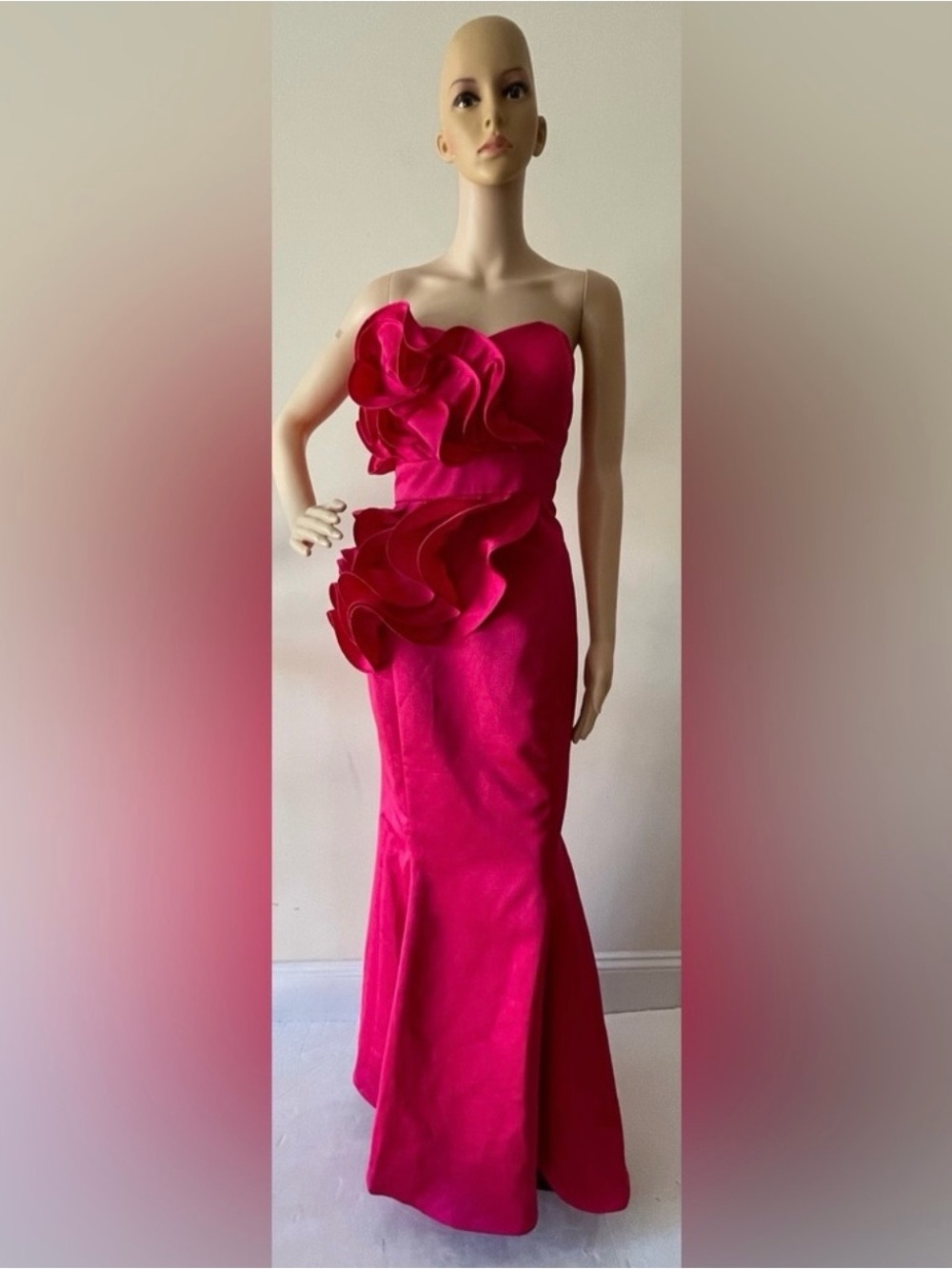 Onyx Nite Strapless Fuchsia Sculptural Sweetheart Pink Ruffle Mermaid Maxi Gown